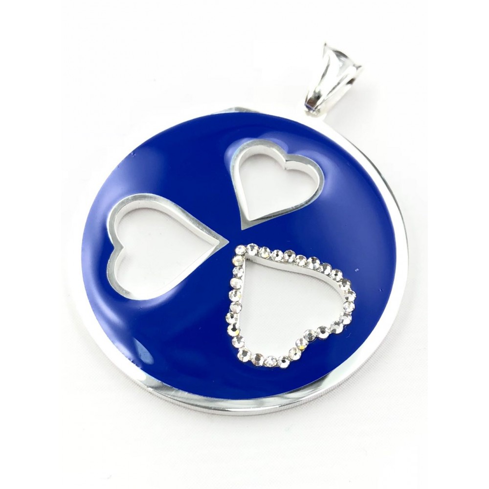 Dije de Acero plateado circulo azul con corazones calados 40mm