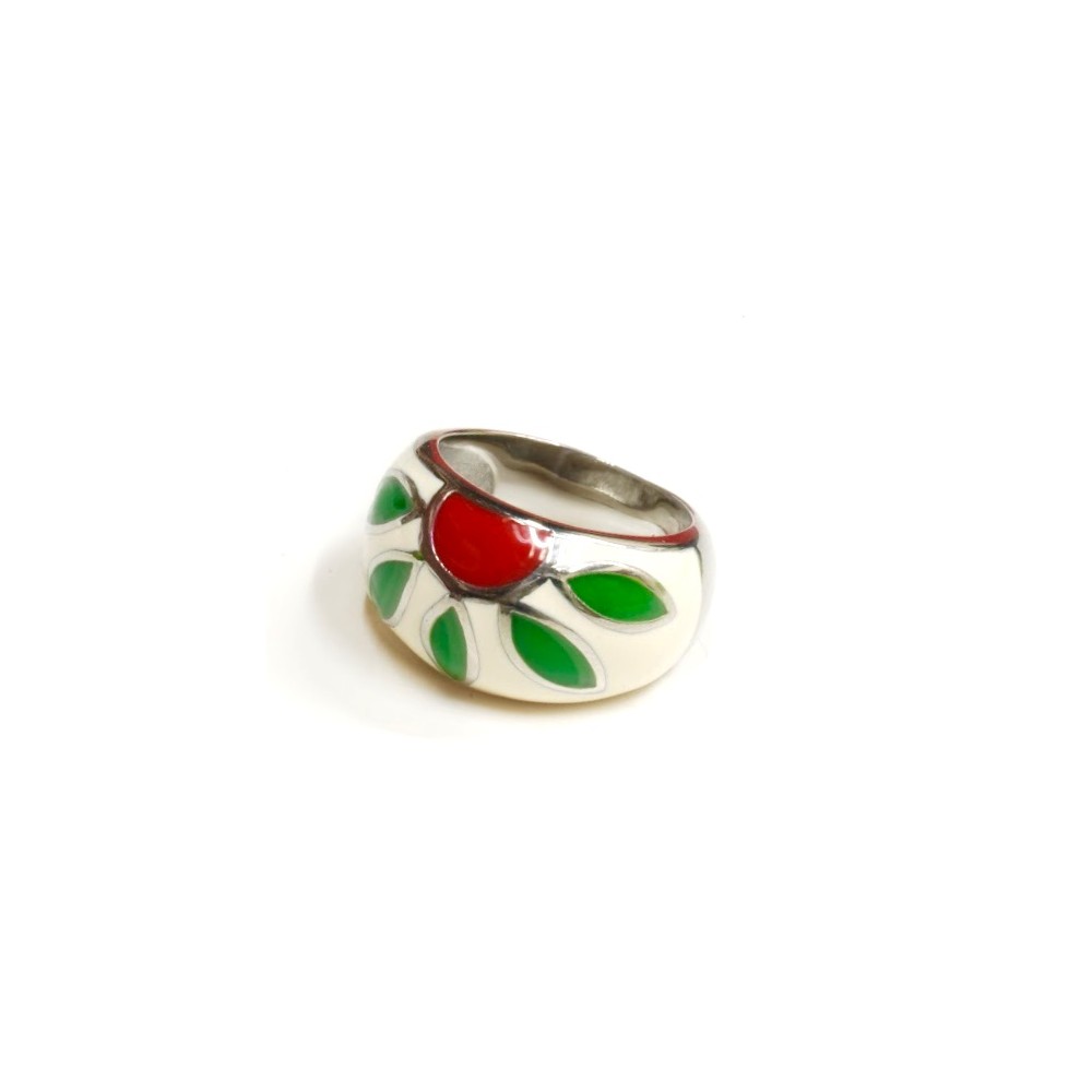 Anillo de acero cabuchon esmaltado blanco, verde y rojo 