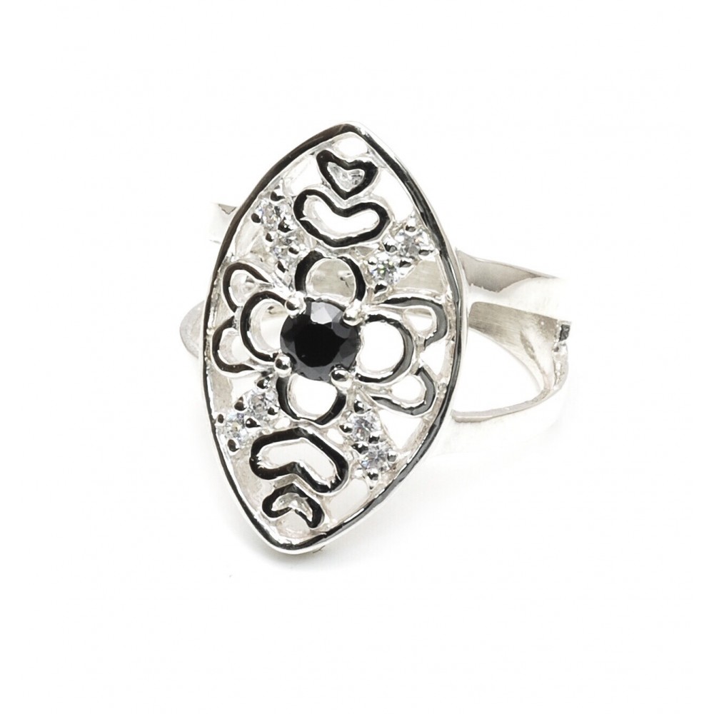 Anillo de plata flor calada centro cubic negro 