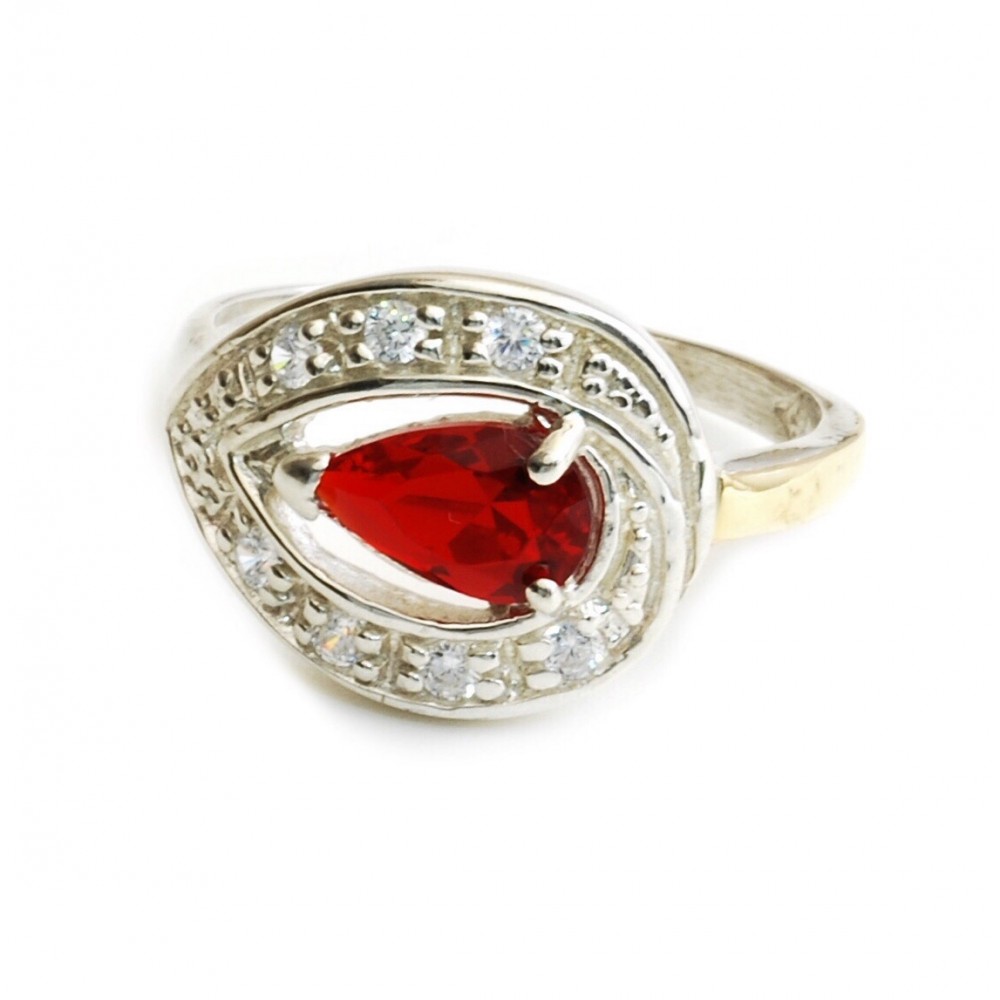 Anillo de plata gota centro rojo con pavé 